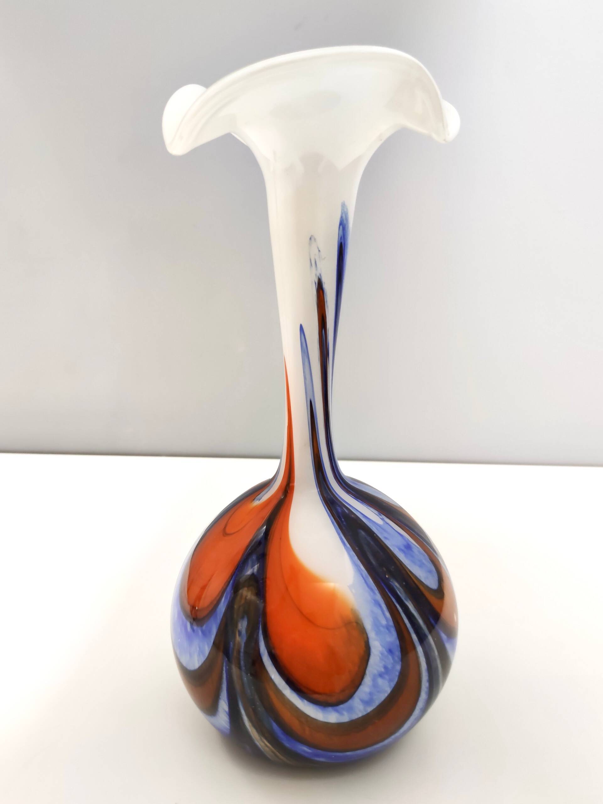 Large Orange, White and Blue Glass Vase by Opaline Florence, Italy