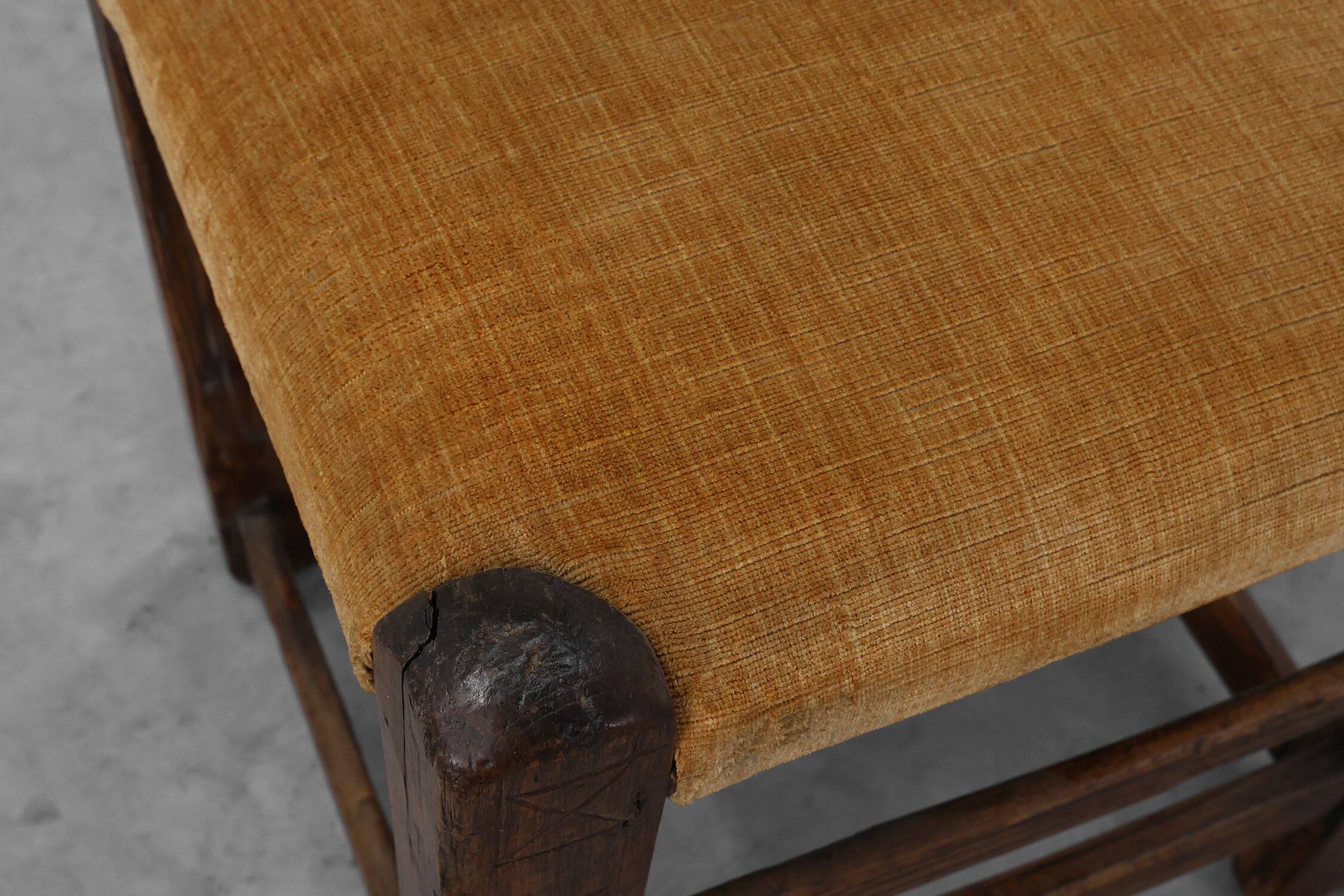 19th Century Spanish Hand-Carved oak Side Chair with Velour Seat