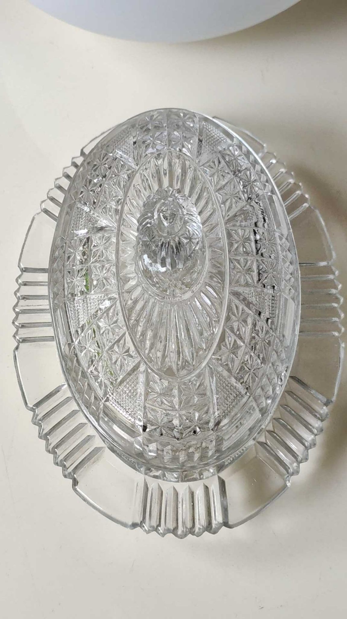 Old Art Deco butter dish, molded glass, Portieux style Star motifs, braces, diamonds
