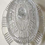 Old Art Deco butter dish, molded glass, Portieux style Star motifs, braces, diamonds