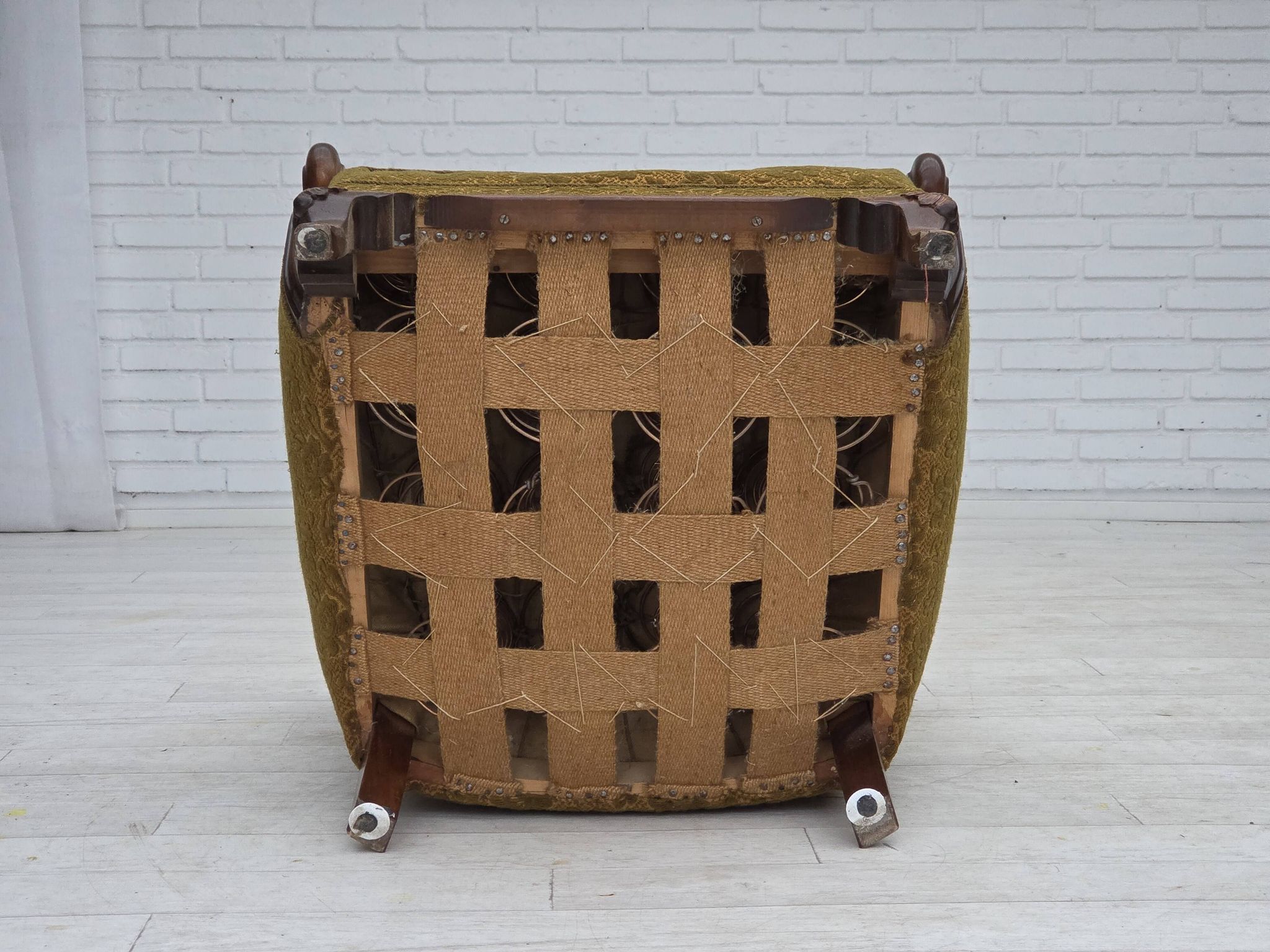 1950s, Danish armchair, furniture wool, hand carved oak wood.