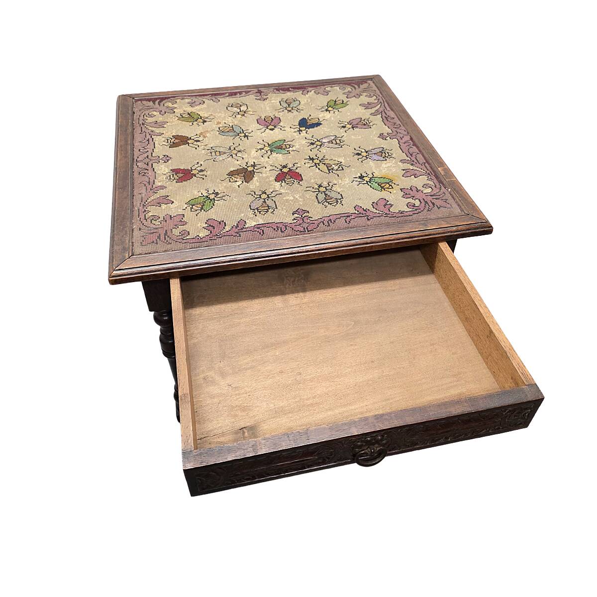 Antique French oak Side Table With Embroidered Top, late 1800s