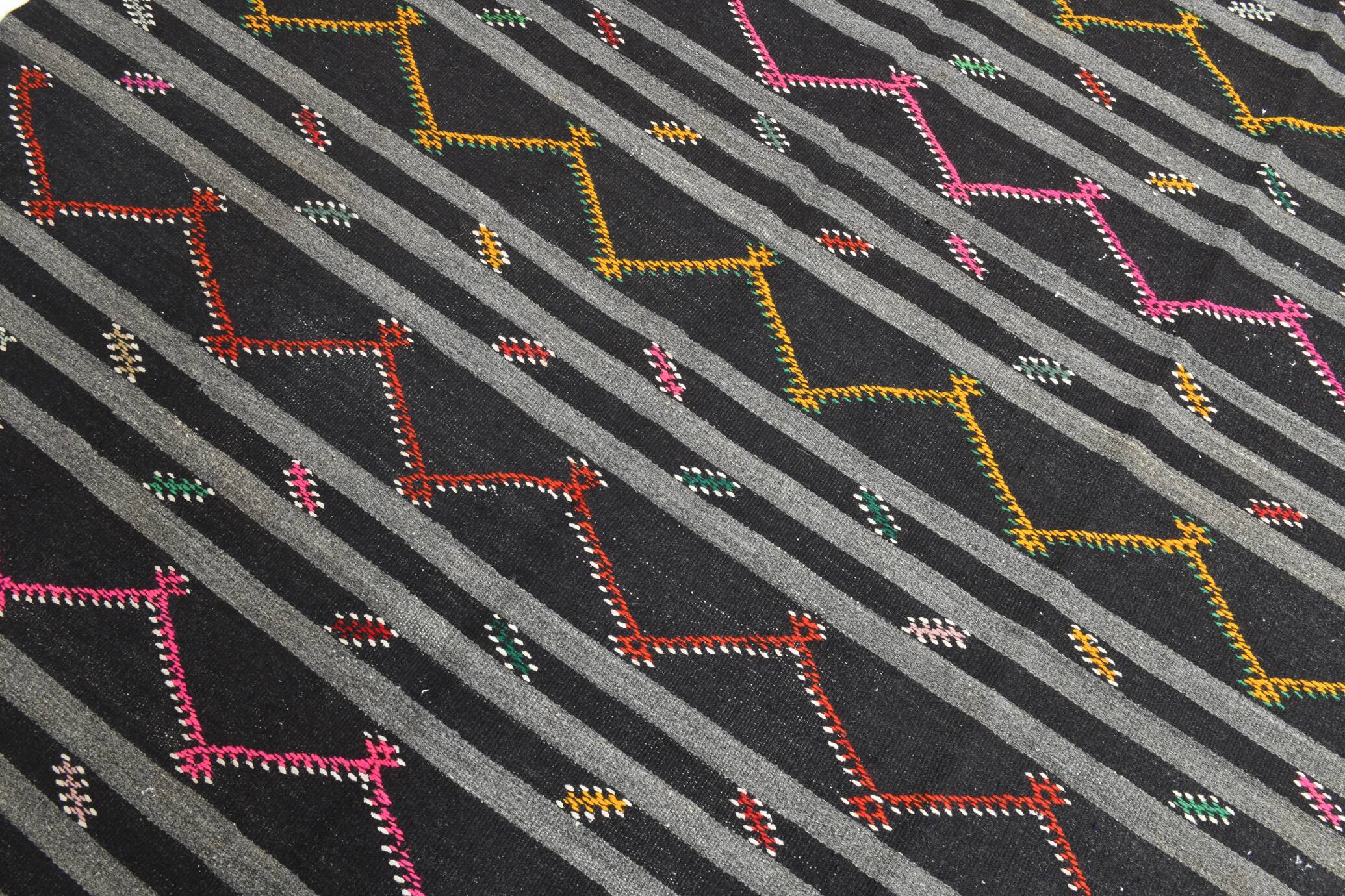 8x11 Gray & Black Striped Pattern Turkish Kilim Rug, 235x337Cm