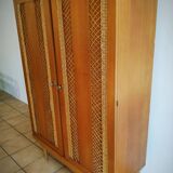 Armoire chêne et rotin tressé 60's