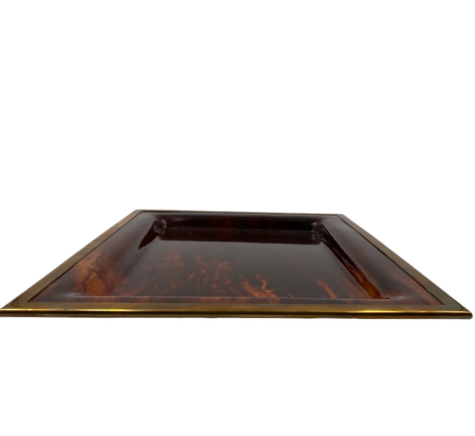 Plateau Hollywood Regency en laiton et en écaille de tortue, Italie, années 1970