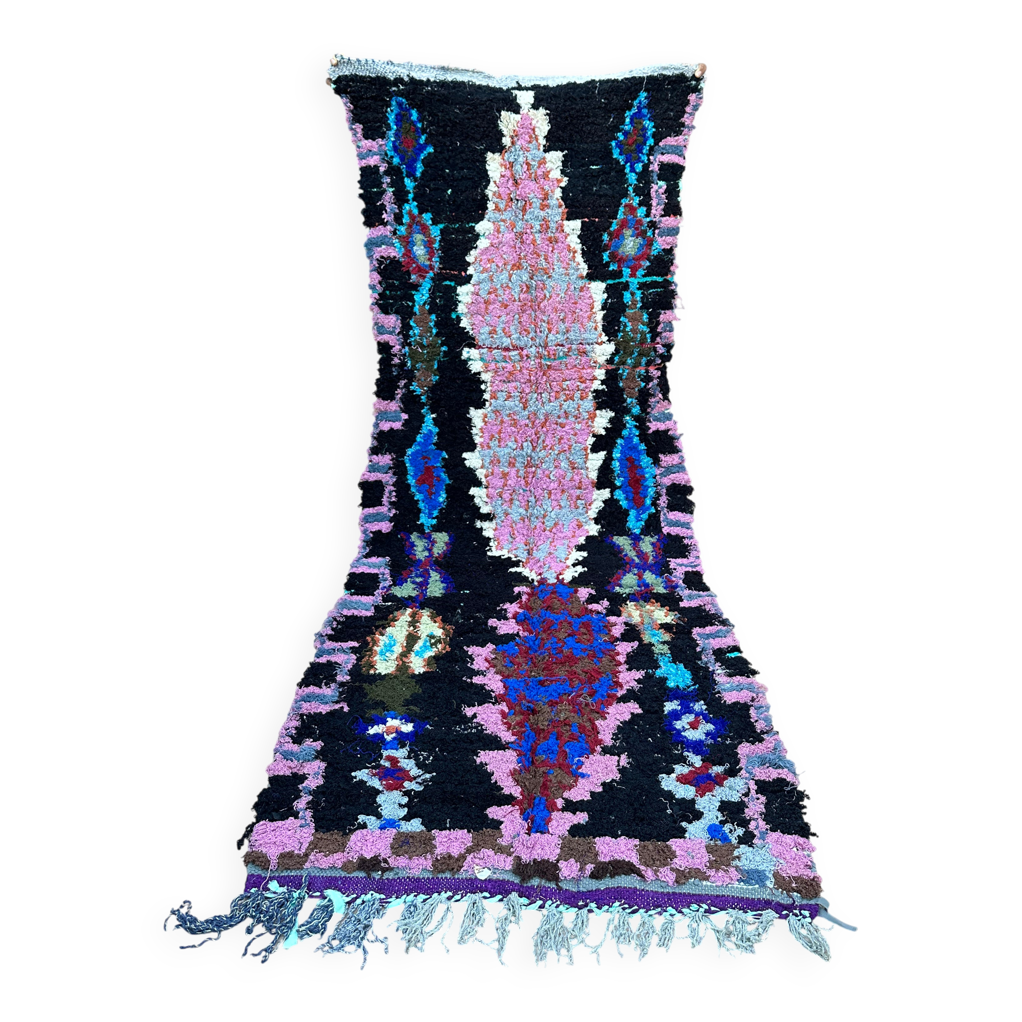 Vintage Berber Boucherouite hallway rug: Handwoven Moroccan rug.