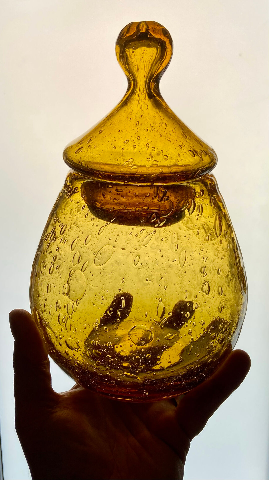 Large amber bubble glass sweet jar from Biot, 1960s.