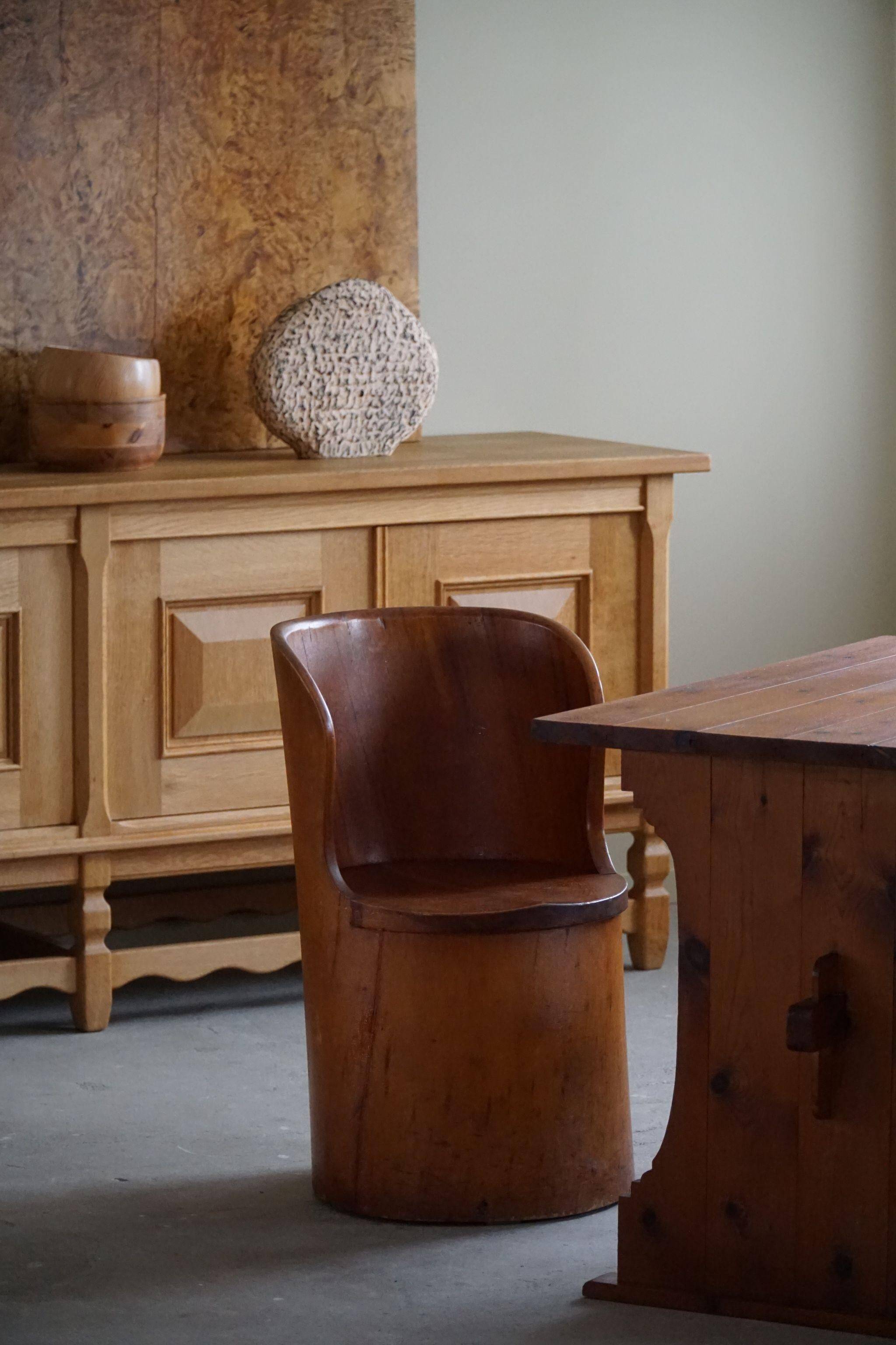 Hand-carved primitive chair made from pine logs, modern Swedish, Wabi Sabi, 1960s.