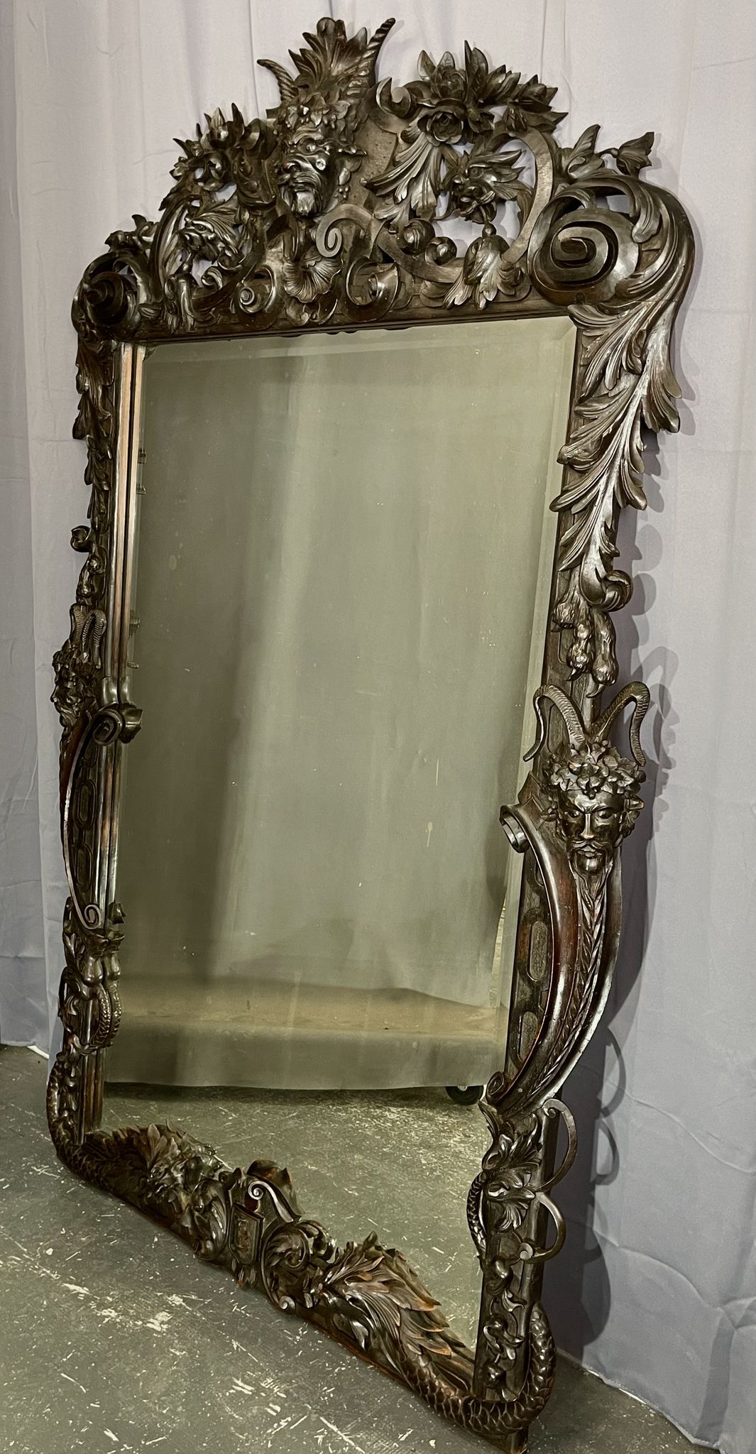 Mirror 191x122 cm period XIXth in natural wood, decoration of chimeras, satyrs