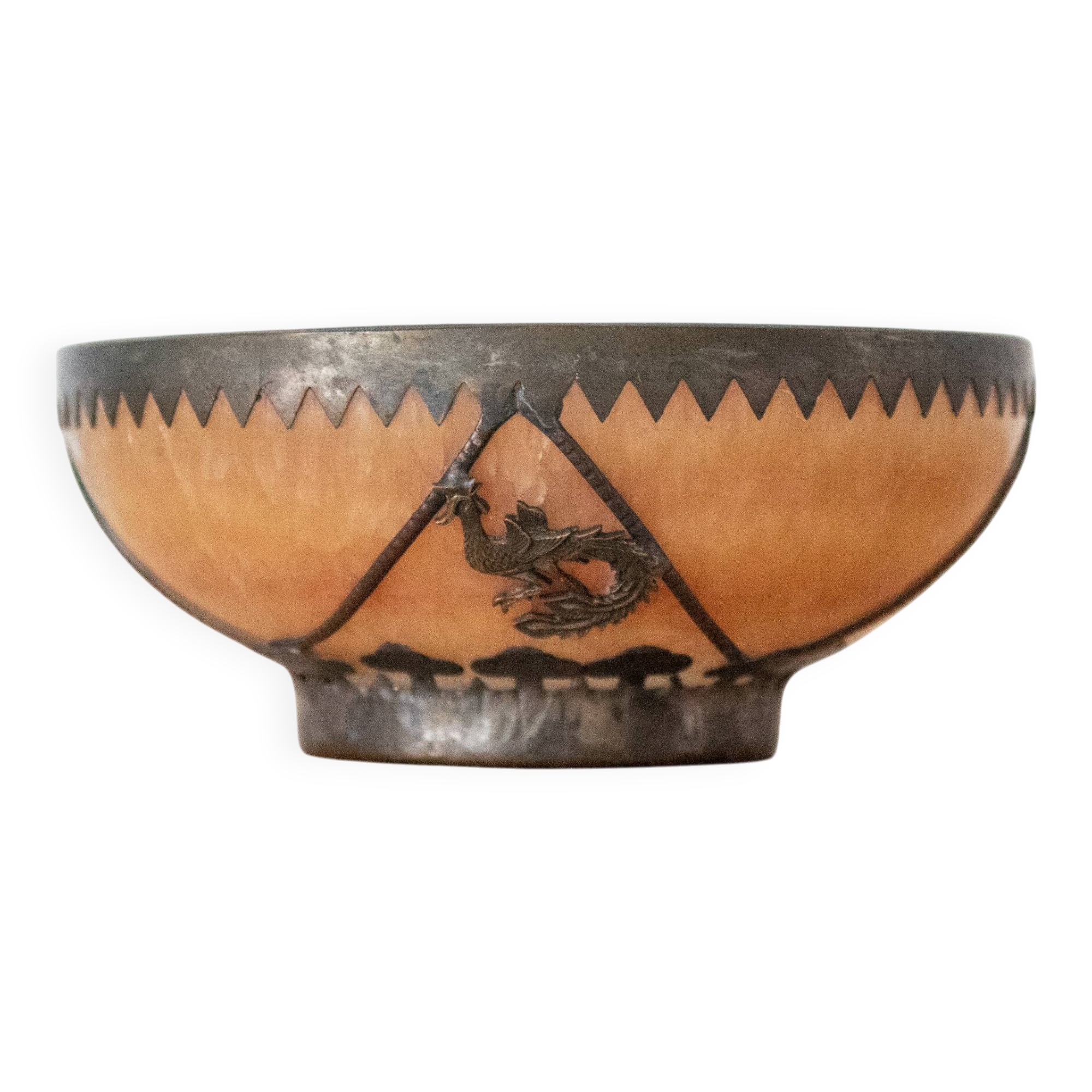 Vintage Oriental Stone Bowl with Metal Dragon and Phoenix Decorations