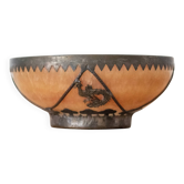 Vintage Oriental Stone Bowl with Metal Dragon and Phoenix Decorations
