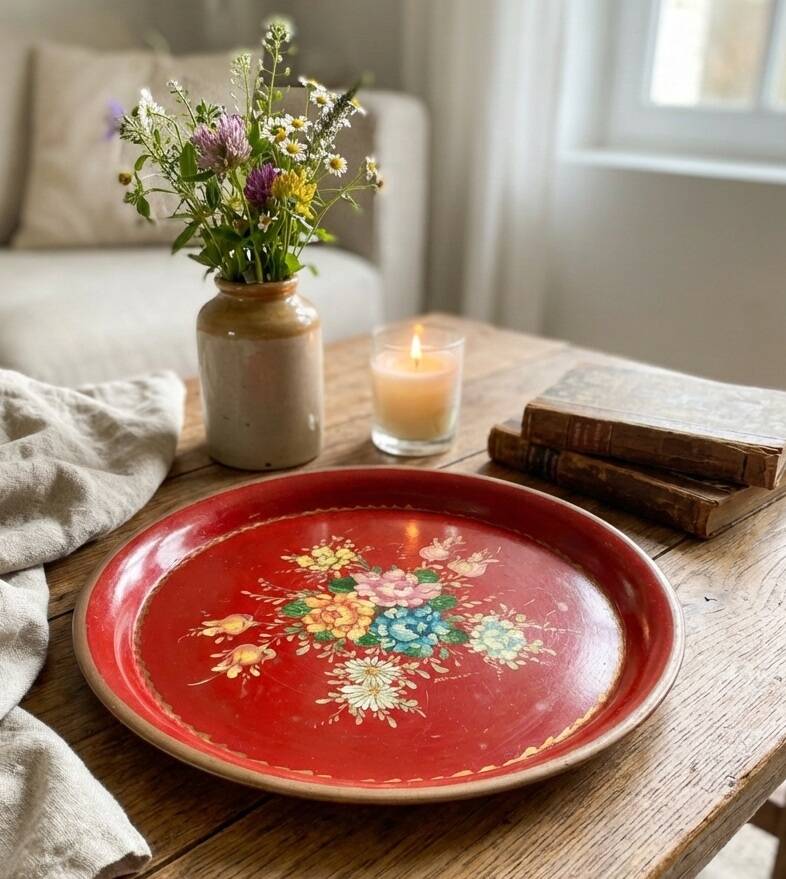 Old Red Plate Signed - Hand-Painted Floral Decoration