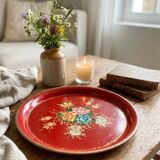 Old Red Plate Signed - Hand-Painted Floral Decoration