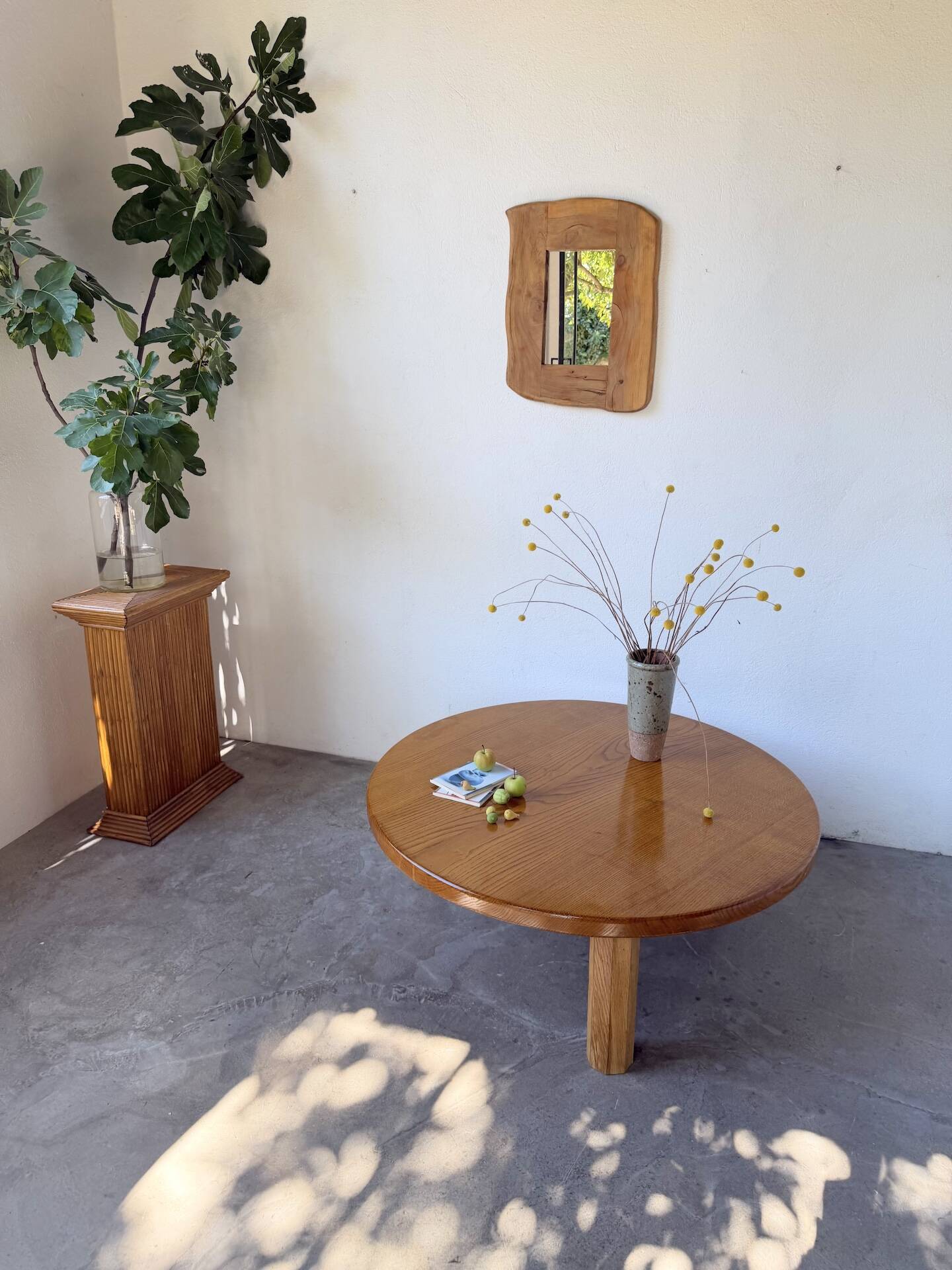 1950s round tripod oak coffee table