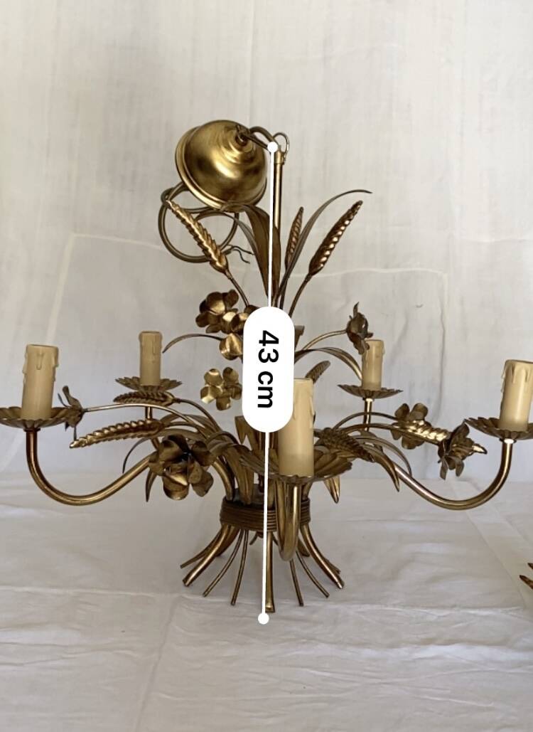Hans Kögl-style 6-arm chandelier in gilded metal, 1970s, with two wall lights