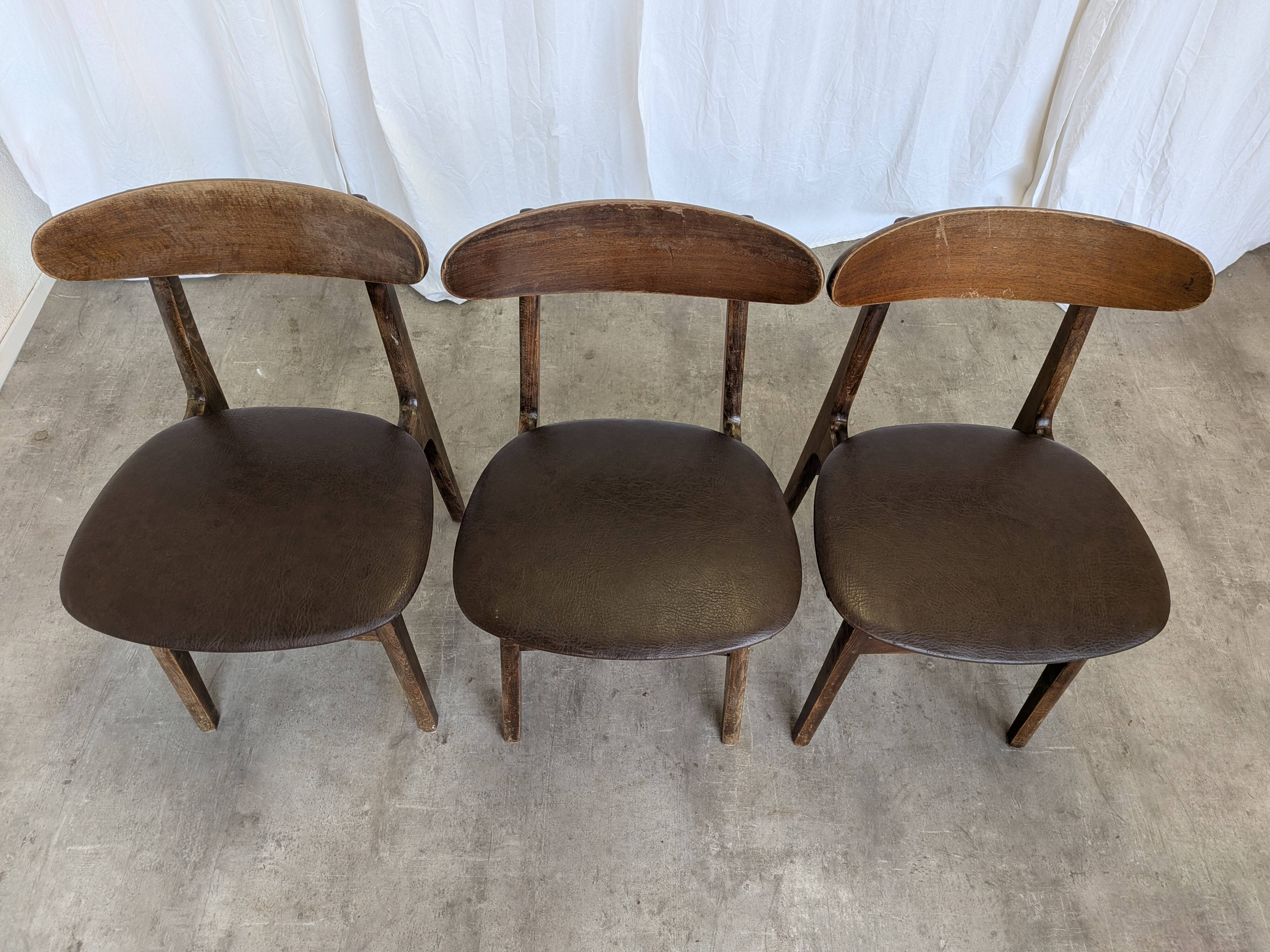 Set of 3 Vintage Wooden Dining Chairs with Brown Leather Seats / Mid-Centur