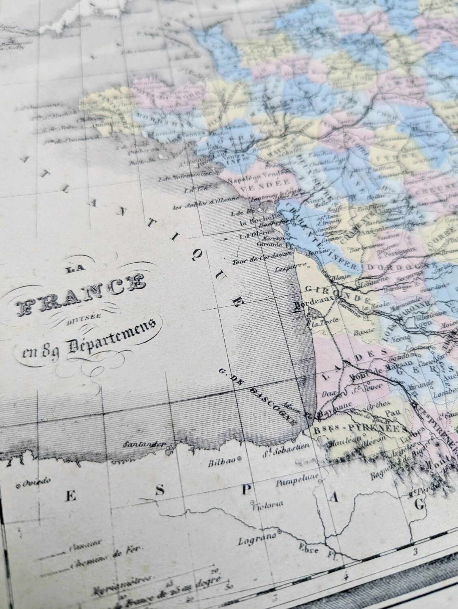 France and departments, old map, printed in 1852. Authentic.