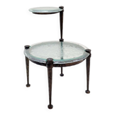 Table d'appoint ronde en fer forgé avec verre texturé - Années 1980