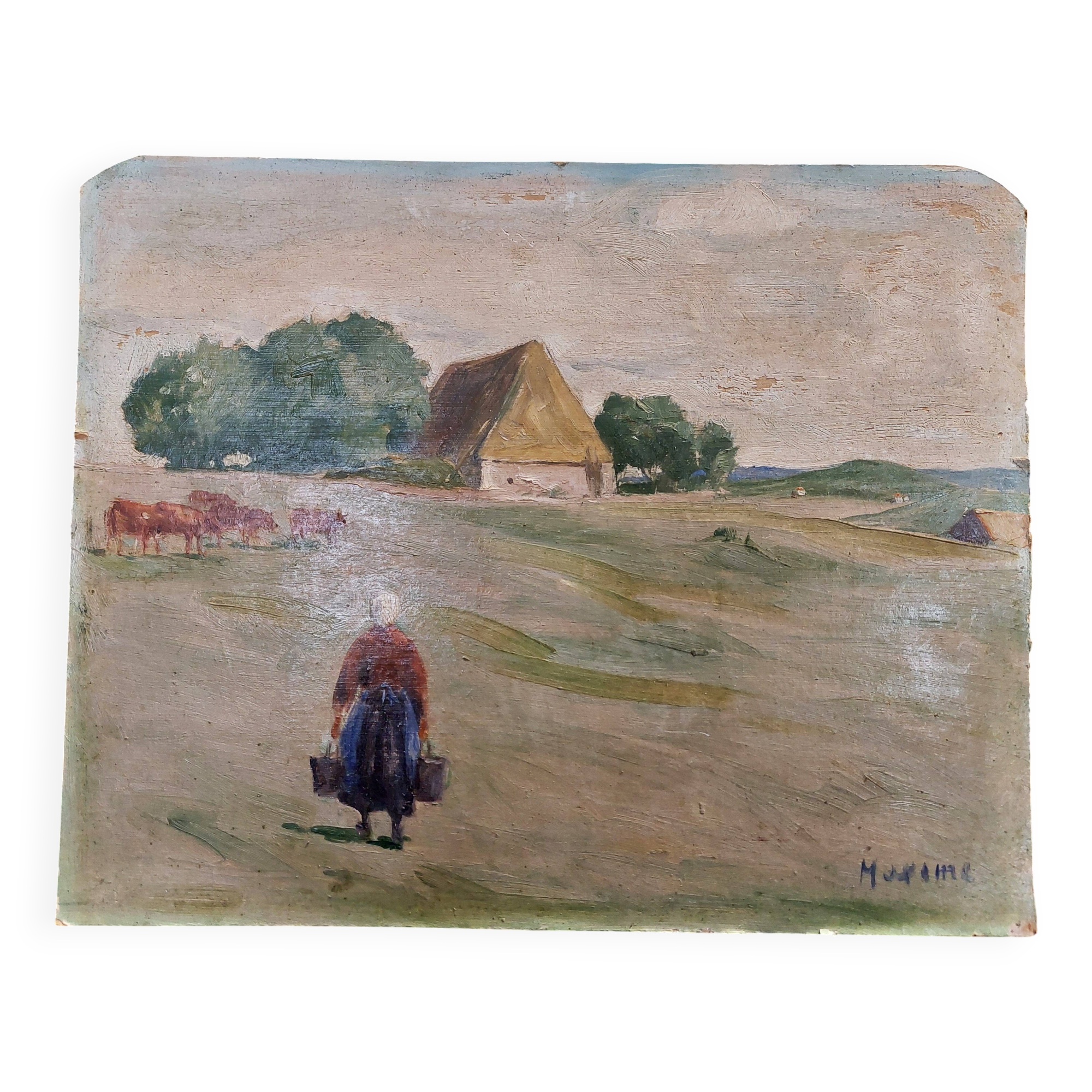 Oil painting on cardboard, rural landscape, early 20th century