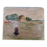 Tableau peinture huile sur carton paysage champêtre début XXème