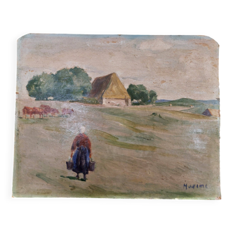 Oil painting on cardboard, rural landscape, early 20th century