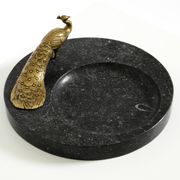 Beautiful, large black granite valet tray featuring a brass peacock, circa