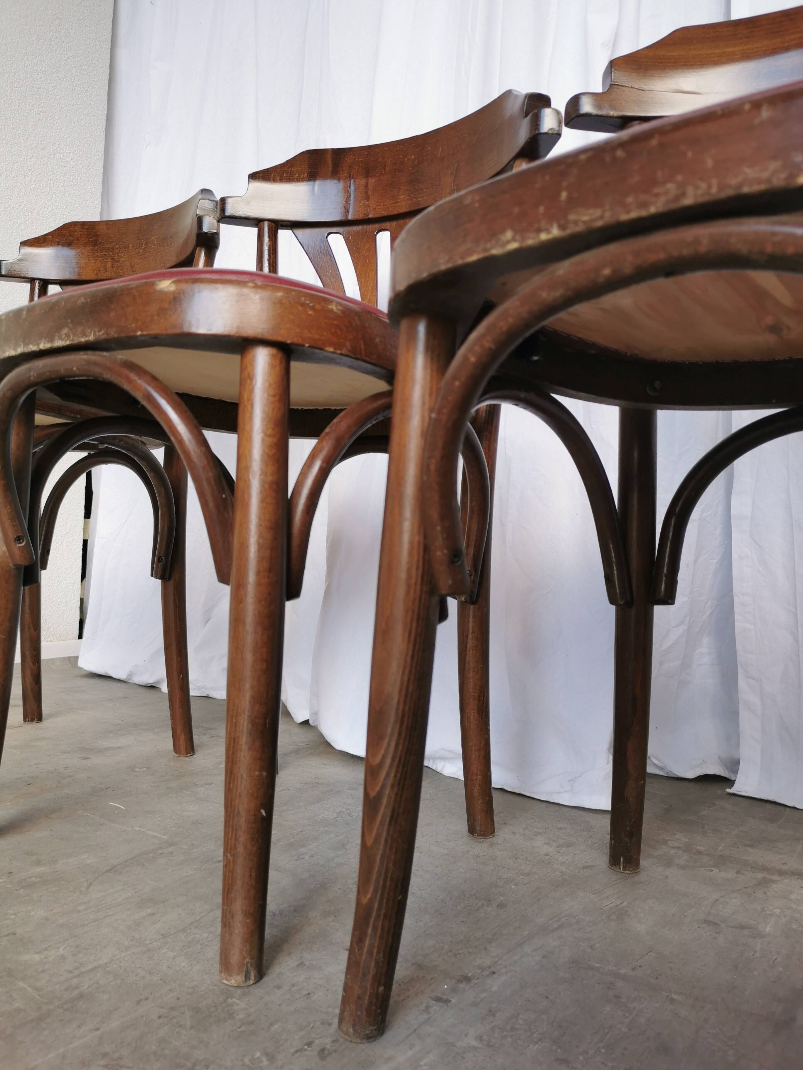 Vintage Bentwood Dining Chairs - Thonet Style - Red Faux Leather - Set of 4