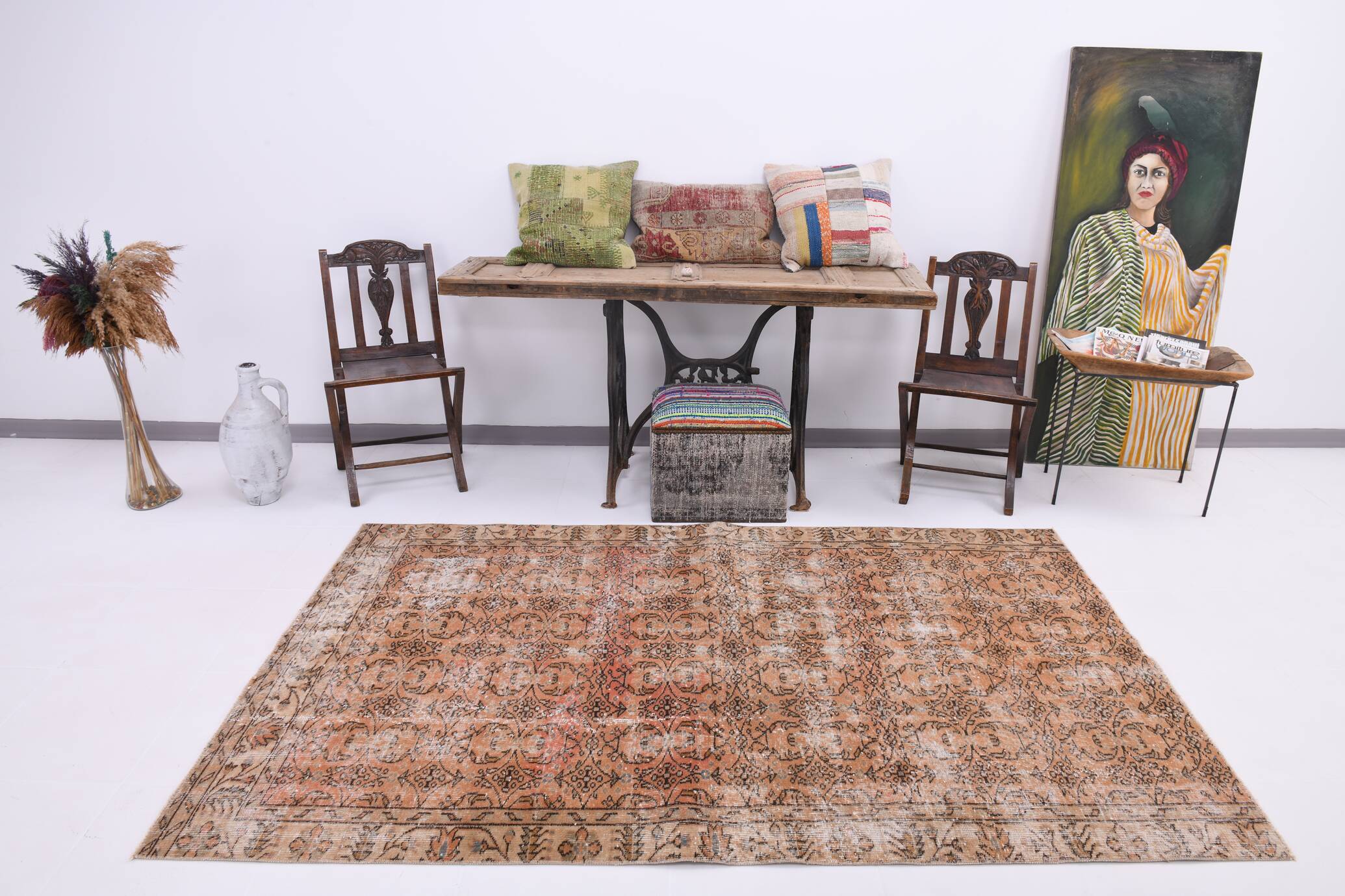 5x8 Peach Orange Handmade Wool Vintage Rug, 144x234Cm