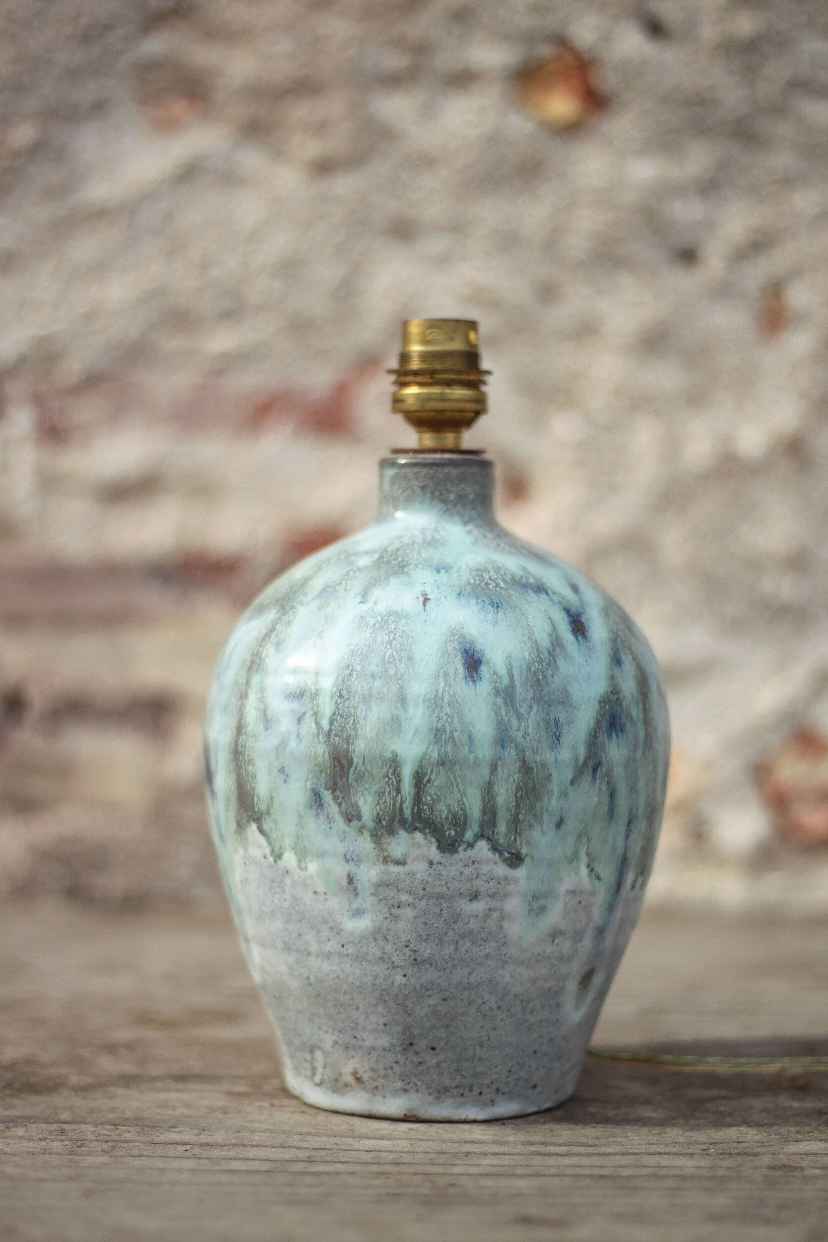 Vintage blue/grey glazed stoneware lamp, round lamp base, lamp stand.