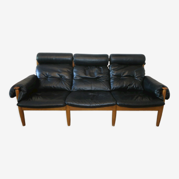 Canapé en cuir 3 places du milieu du siècle avec pouf assorti, années 1960