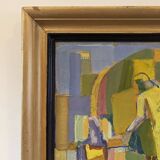 Mid-Century Modern Swedish "The Fruit Tree Pickers" Vintage Oil Painting, Framed