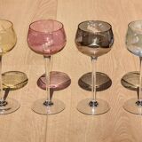 Set of 4 Hand Engraved "Harlequin" Colored Crystal Wine Glasses 1960