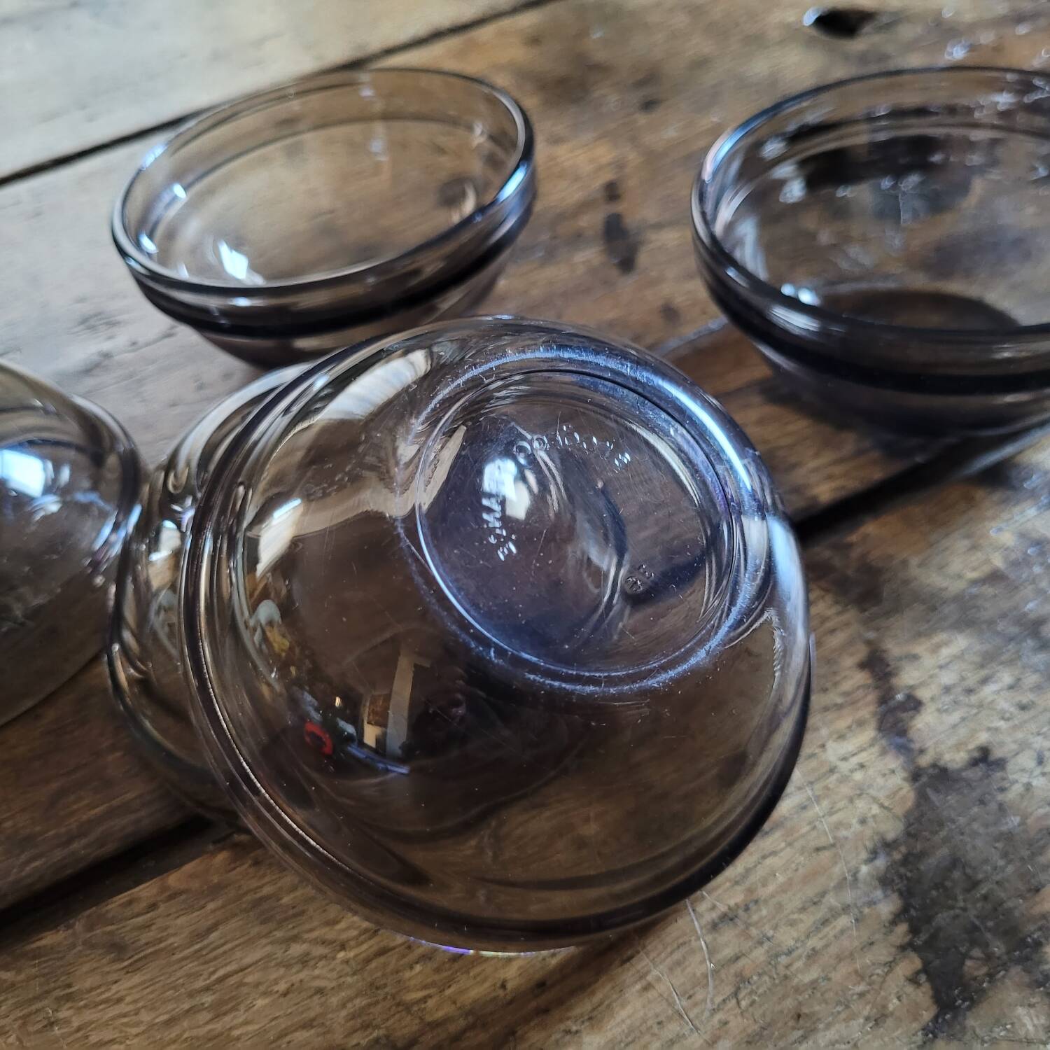 5 Arcoroc smoked bowls, stackable tempered glass, 1970s