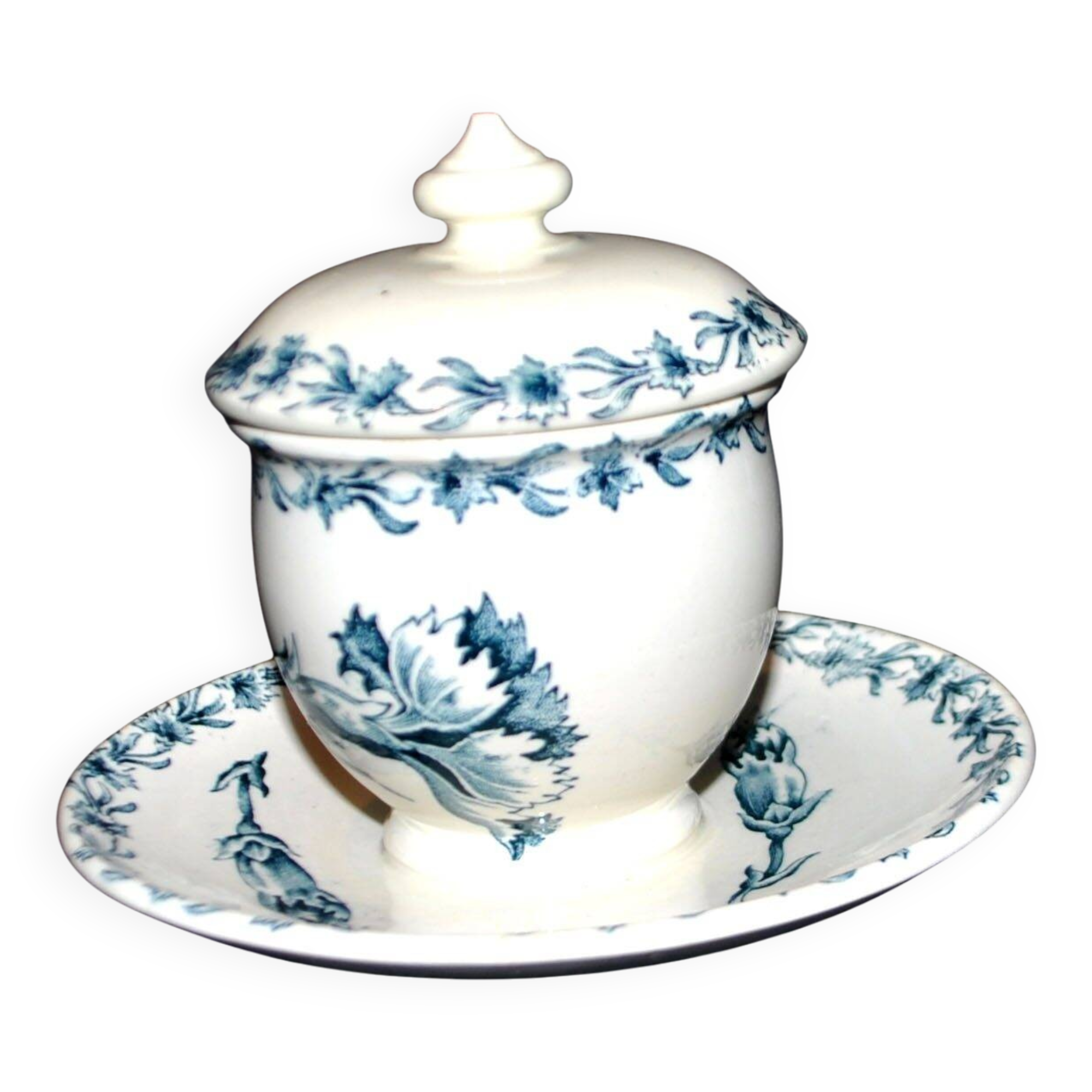Moutardier ancien en faïence KG Lunéville décor fleuri œillet