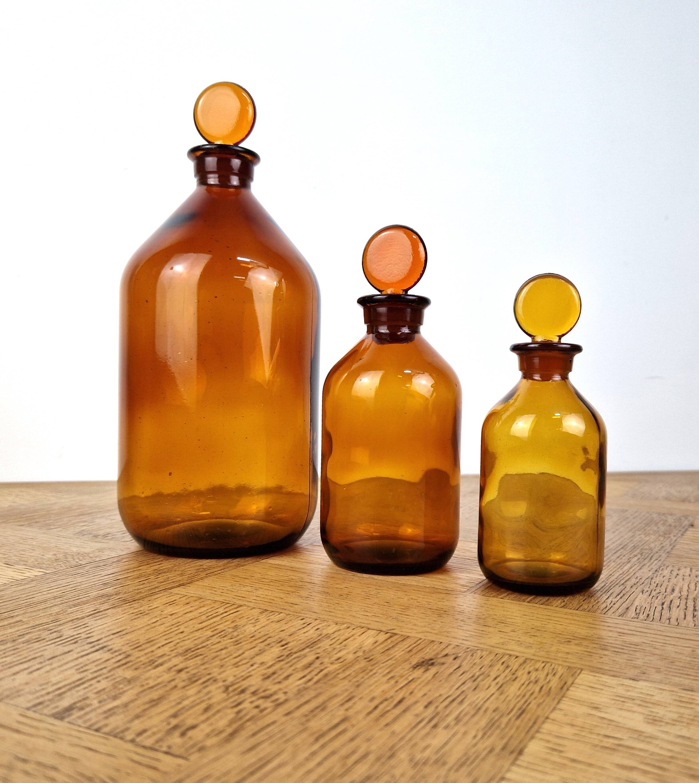 3 amber glass apothecary bottles - pharmacy bottles