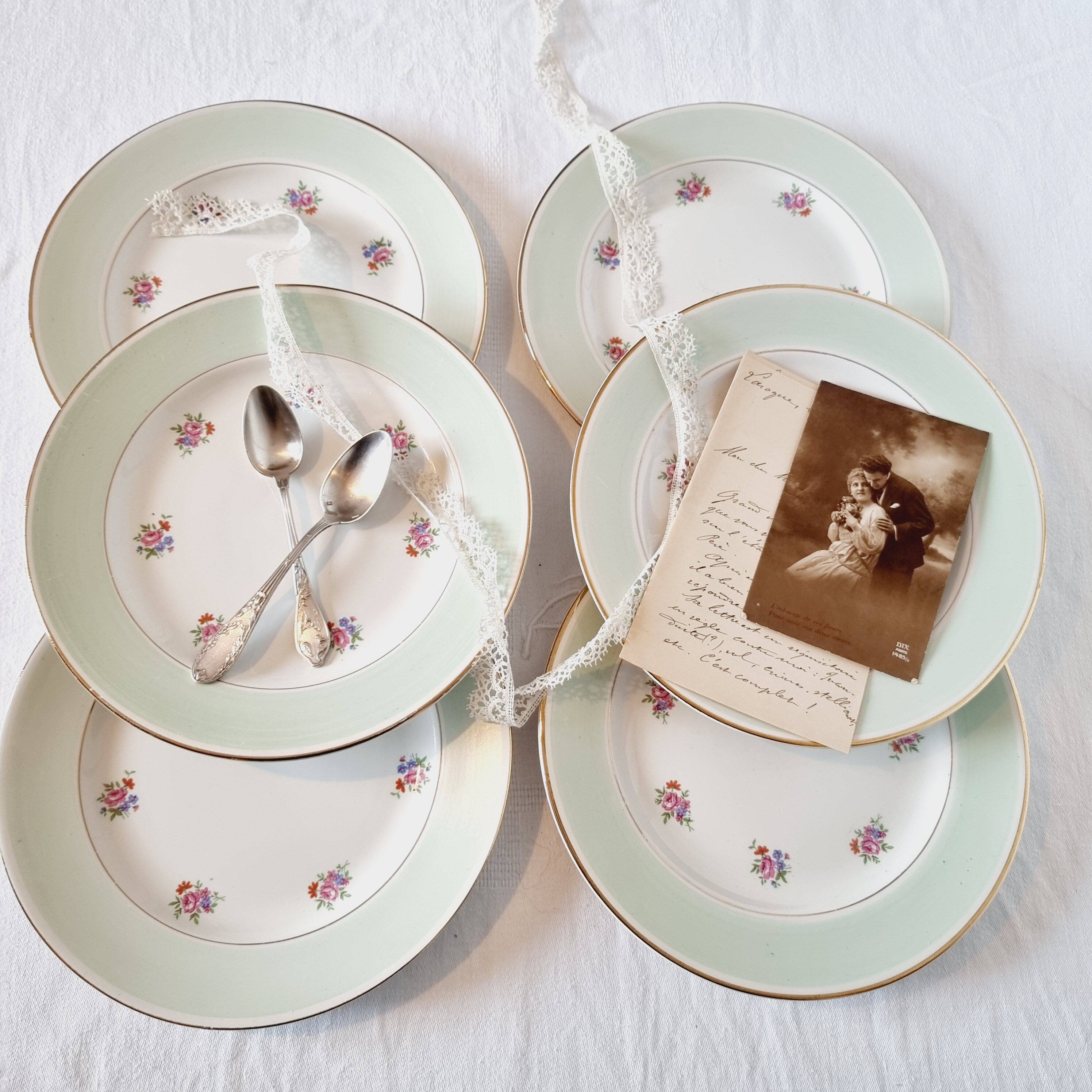 6 assiettes plates porcelaine française l amandinoise vert clair contour or et petites fleurs