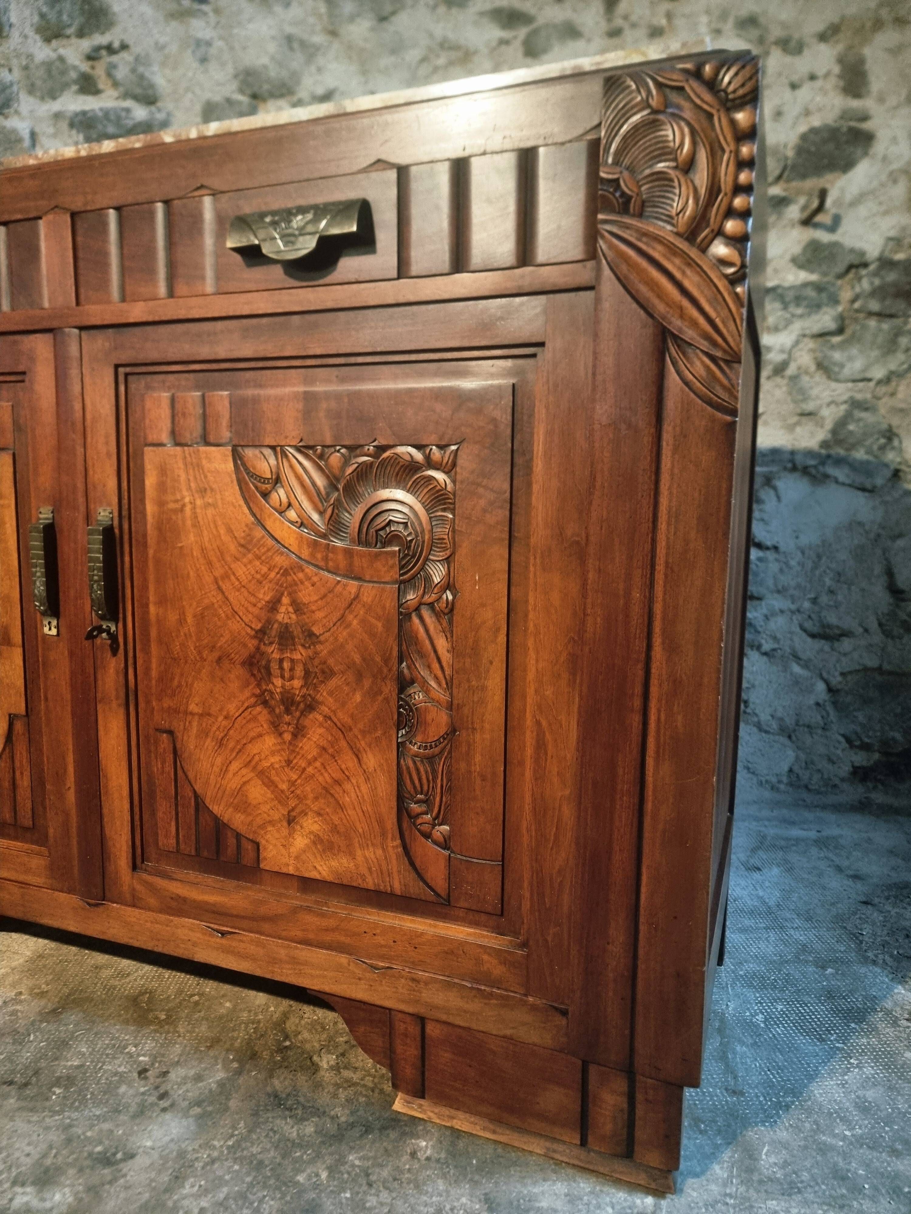 French Art Deco walnut sideboard with marble top (1930s)