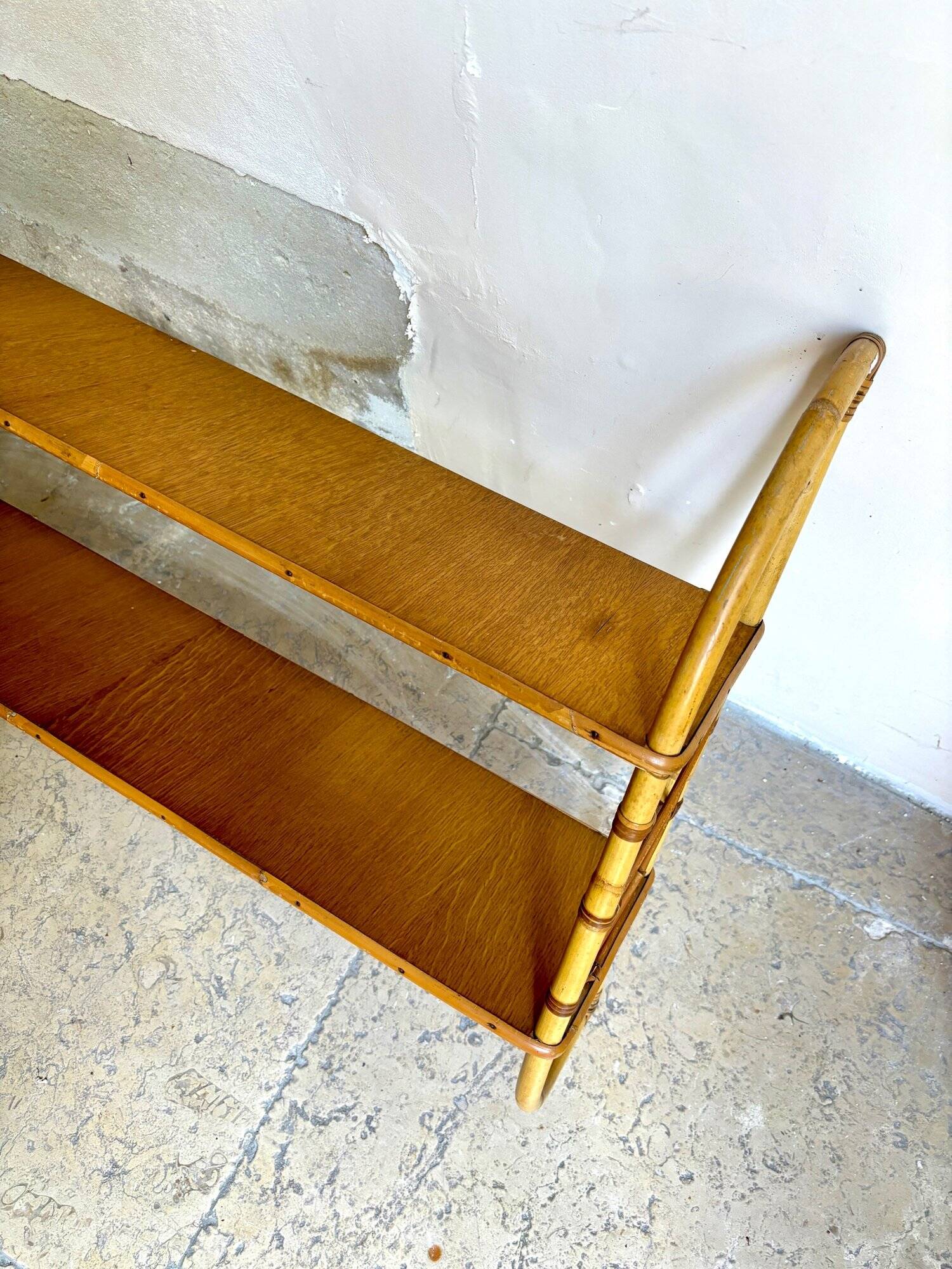 Wall shelf in wood and rattan, 1960s