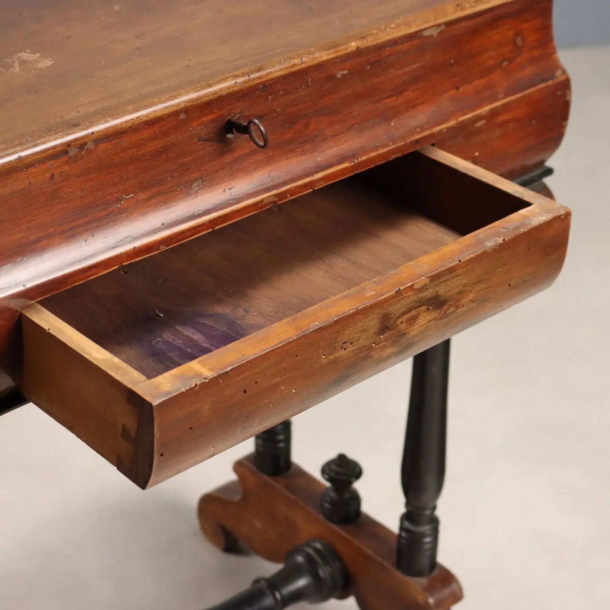 Antique sewing table in painted poplar with walnut effect, Italy, late 19th century.