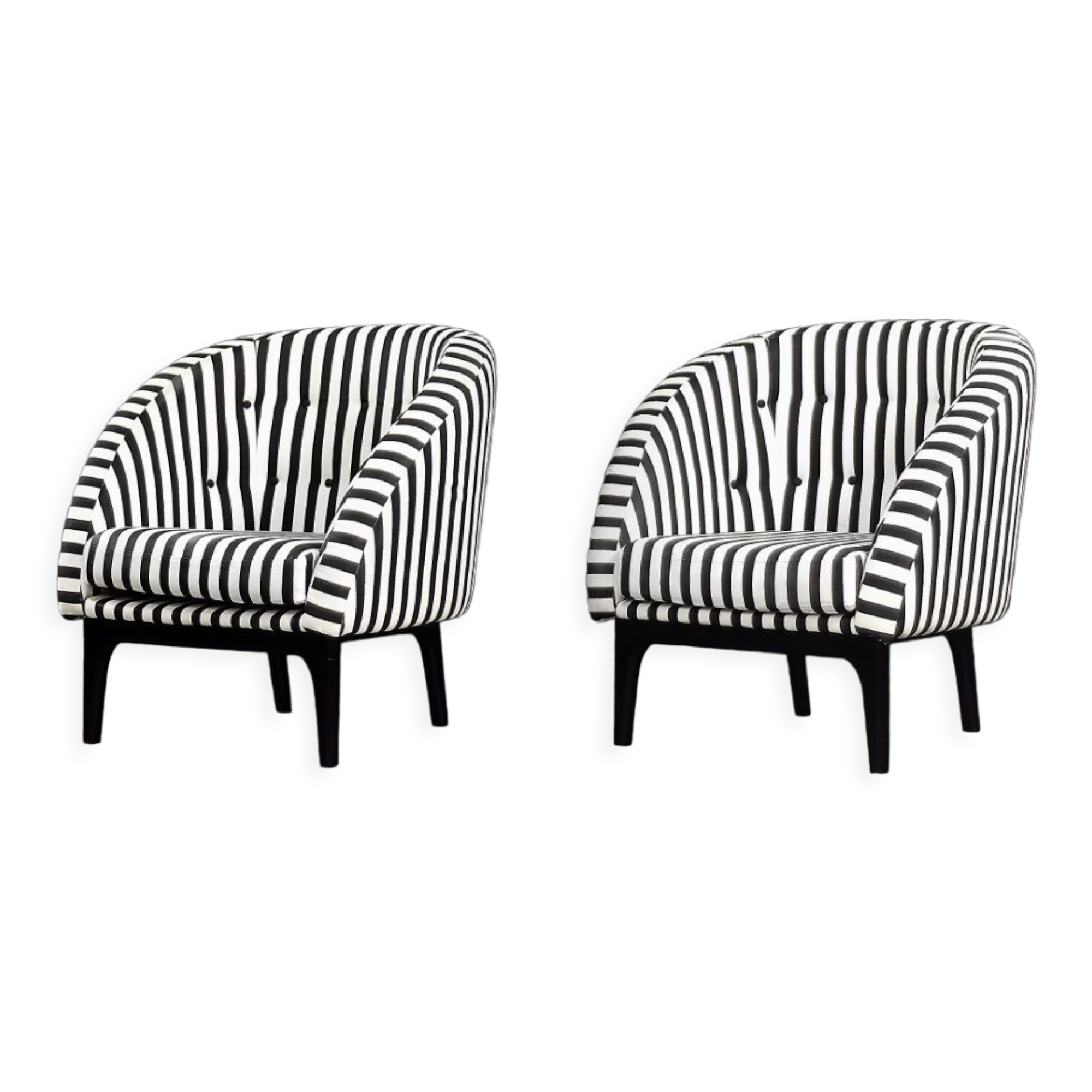 Mid-century modern Scandinavian rounded armchairs with black and white stripes, 1960s.
