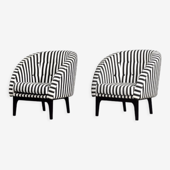 Vintage Mid-Century Scandinavian Modern Rounded Armchair with Black & White Stripes, 1960s, Set of 2
