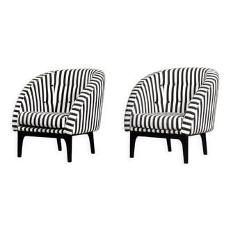 Vintage Mid-Century Scandinavian Modern Rounded Armchair with Black & White Stripes, 1960s, Set of 2