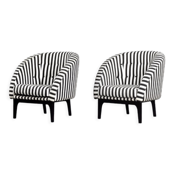 Mid-century modern Scandinavian rounded armchairs with black and white stripes, 1960s.
