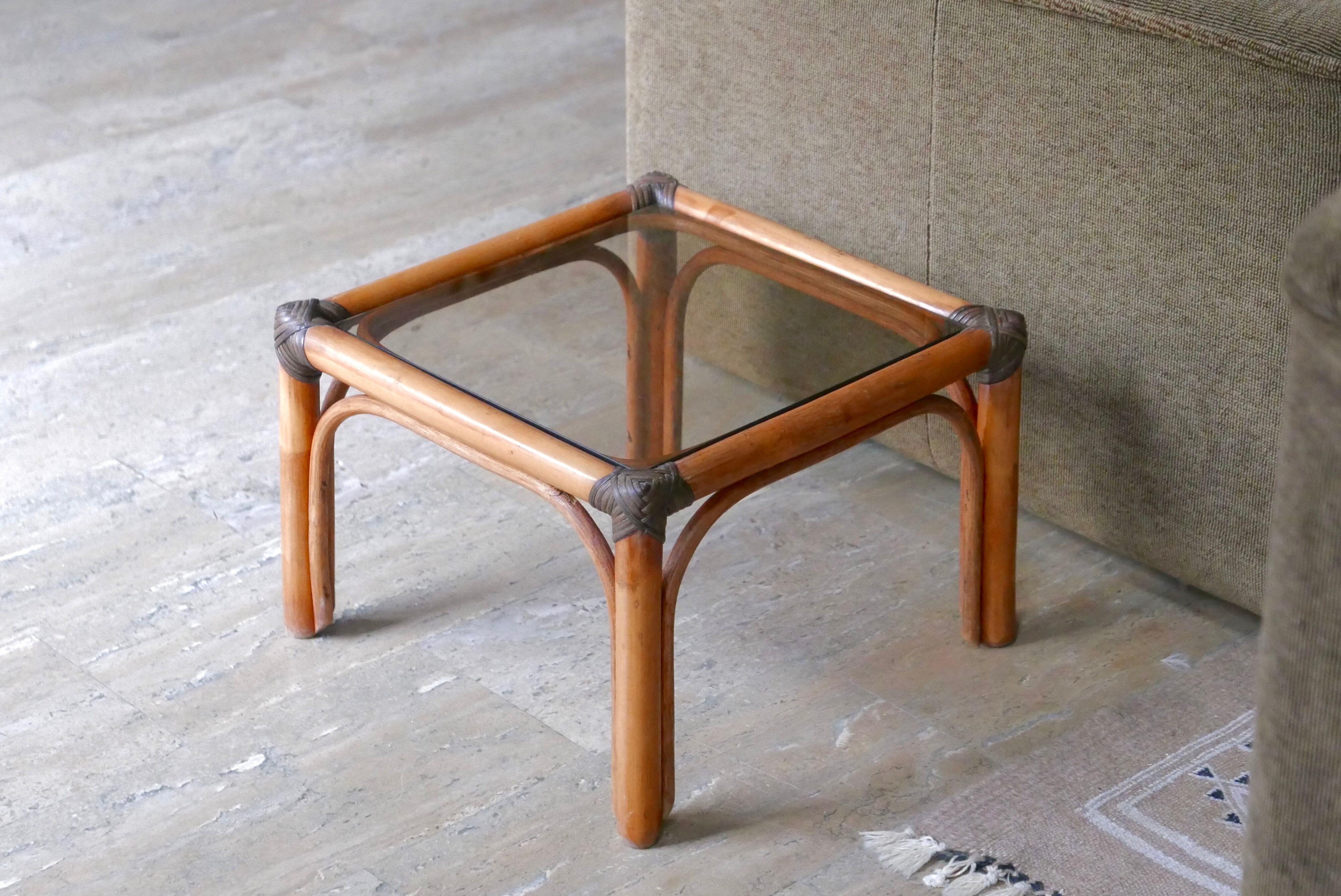 Side table in bamboo and smoked glass, 60s