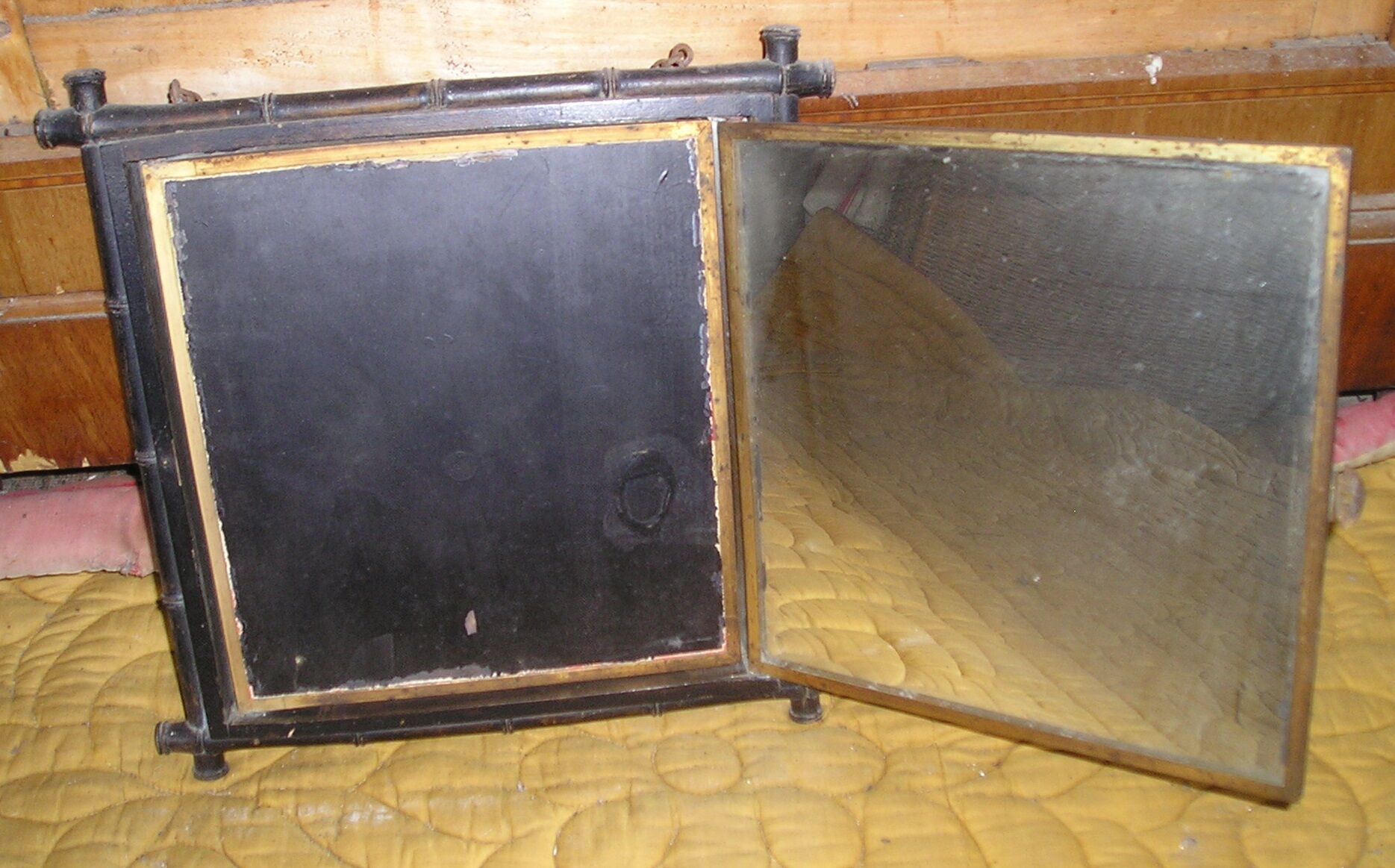 Napoleon III triptych wall mirror in blackened wood imitation bamboo 26x23cm