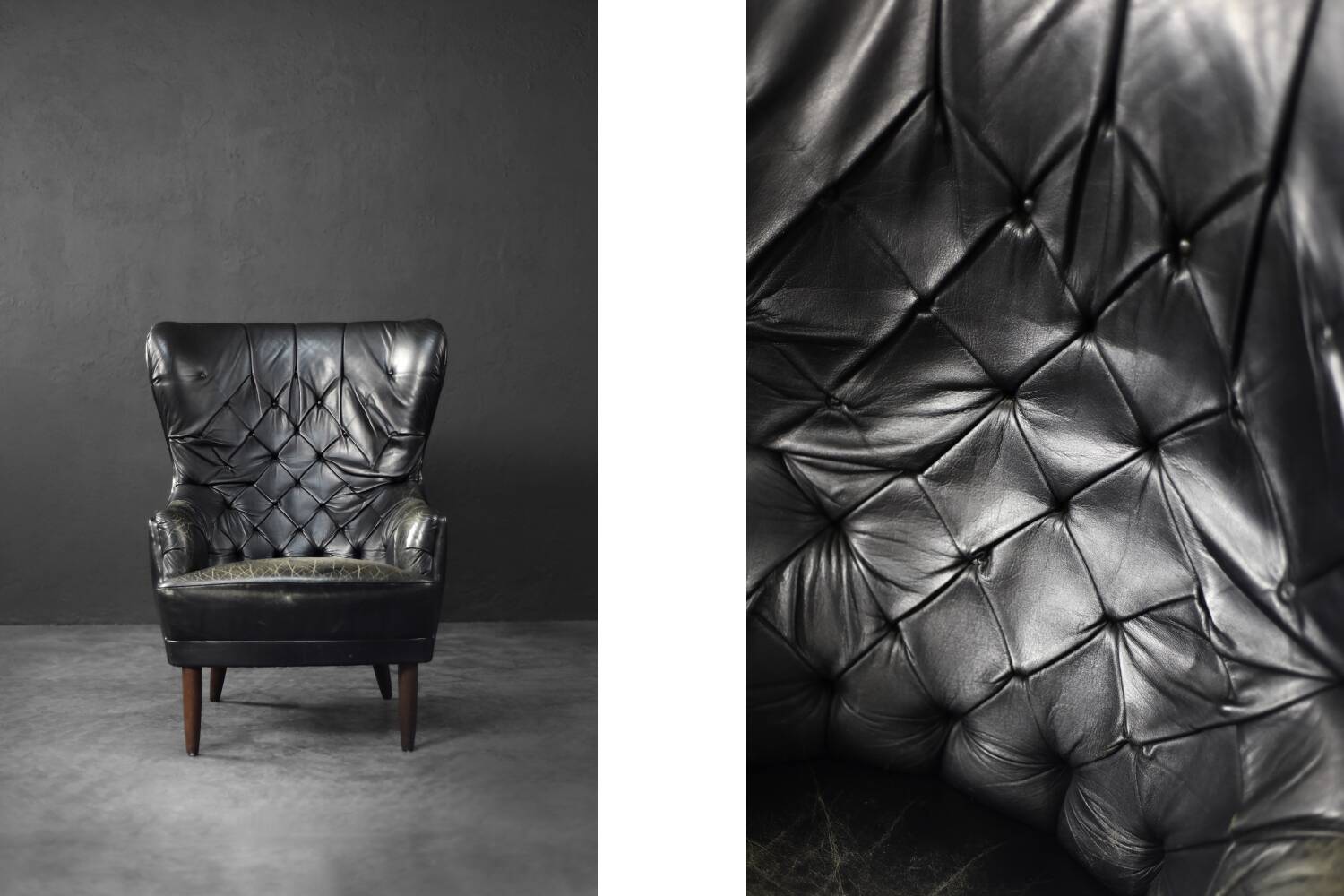 Vintage Danish modern wingback chair in black quilted leather, mid-20th century, 1960s.