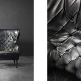 Vintage Danish modern wingback chair in black quilted leather, mid-20th century, 1960s.