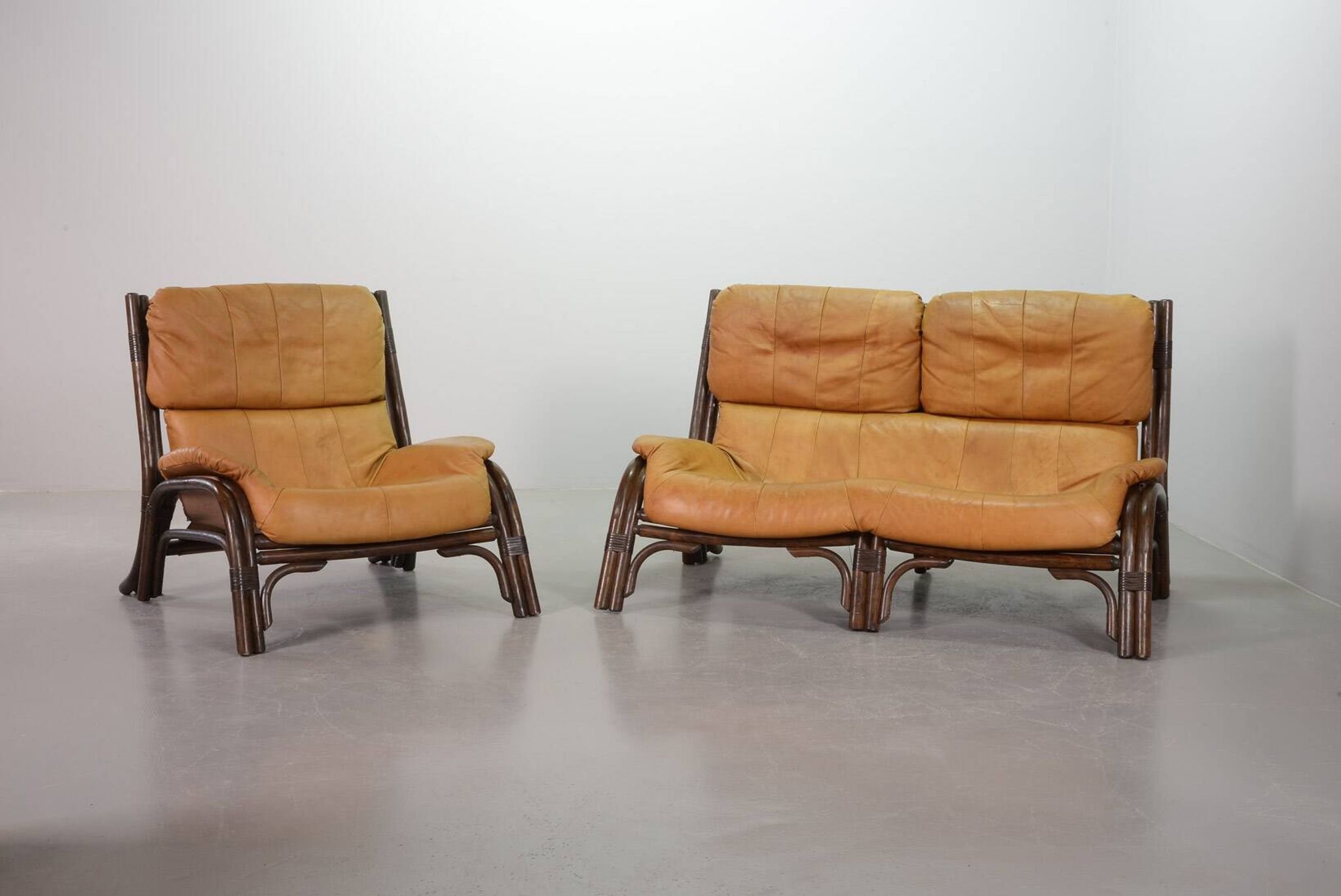 Brutalist Bentwood Love Seat Bamboo Sofa w. Caramel Leather Upholstery, 60s