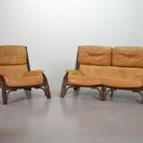 Brutalist Bentwood Love Seat Bamboo Sofa w. Caramel Leather Upholstery, 60s