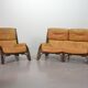 Brutalist Bentwood Love Seat Bamboo Sofa w. Caramel Leather Upholstery, 60s